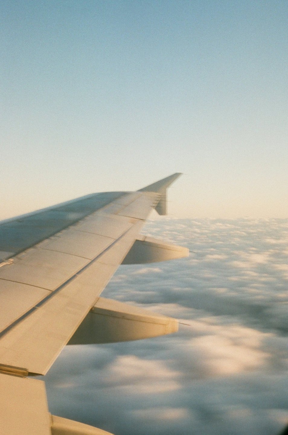 Airplane wing over golden sunset clouds from window.